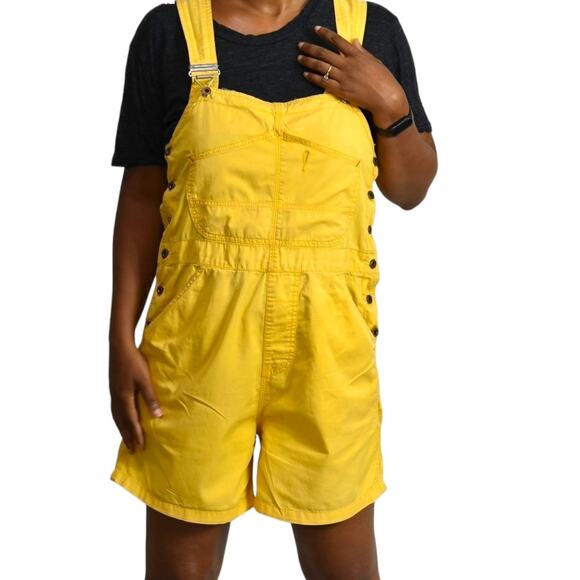 Vintage Bib Overalls Shorts Yellow Cotton Denim Shortalls 90s Y2k Size Medium - Picture 13 of 16